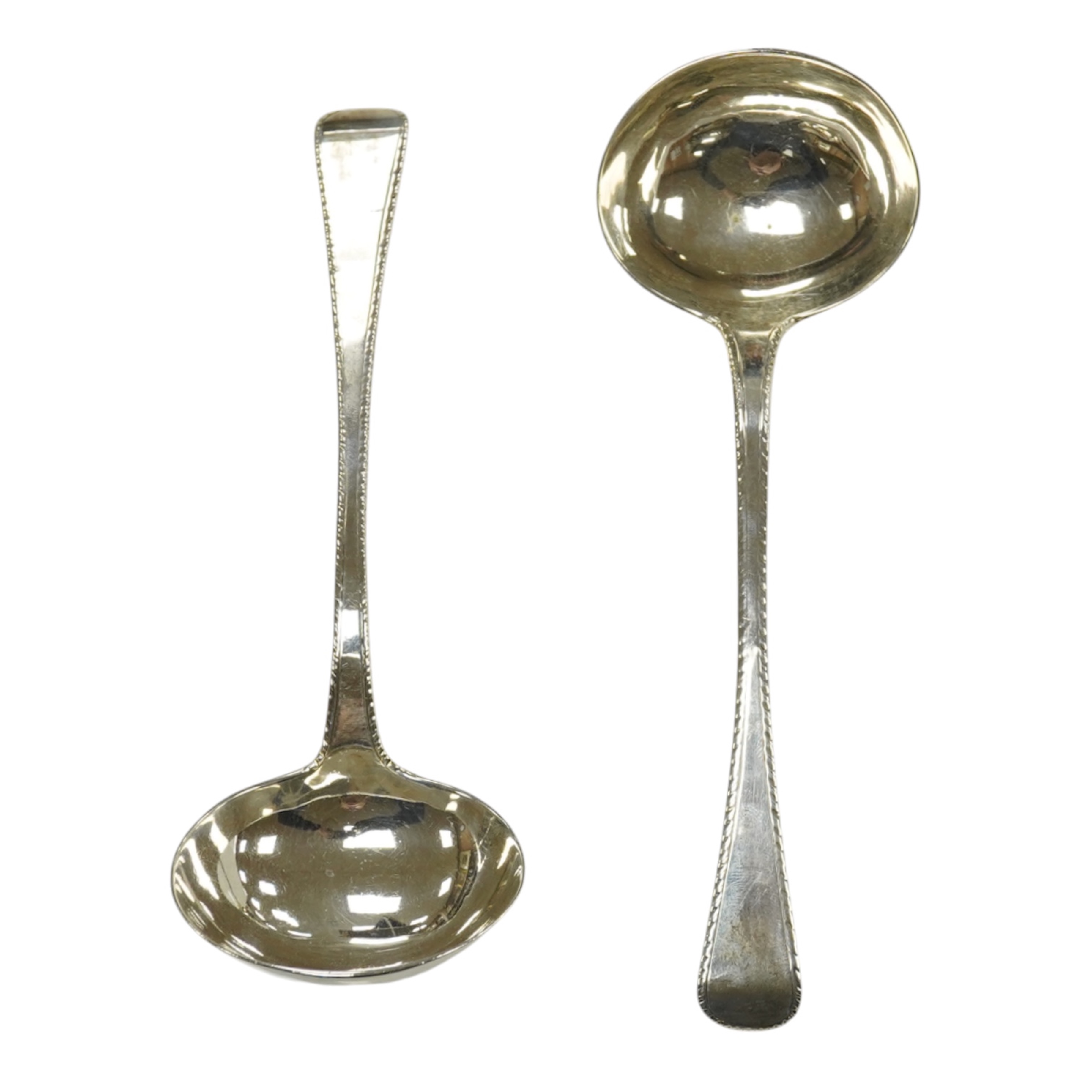 A pair of Victorian silver Old English feather edge pattern sauce ladles, John Robert Harris, London, 1848, 18.1cm, 3.8oz. Condition - fair/good